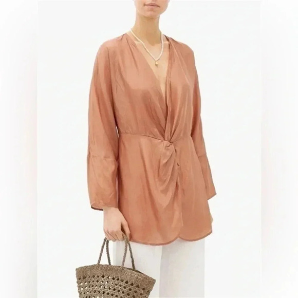 MES DEMOISELLES Blush BrownTwilight Gathered 100% Silk Satin Blouse Size 8 US M - Picture 1 of 8